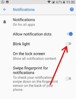 wyłącz migające światło w systemie Android 8.0 O.