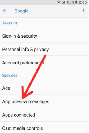 Wiadomości z podglądu aplikacji w ustawieniach Google