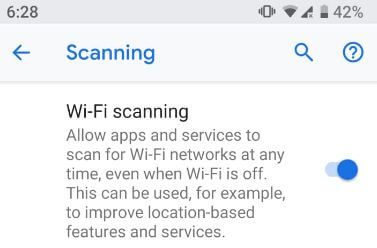 Włącz skanowanie Wi-Fi w systemie Android P 9.0